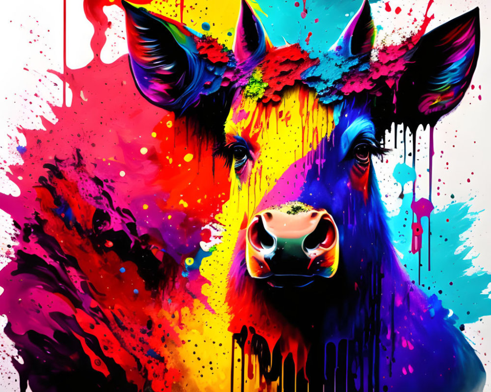 Colorful Cow Face Painting with Abstract Splatter Effect on White Background