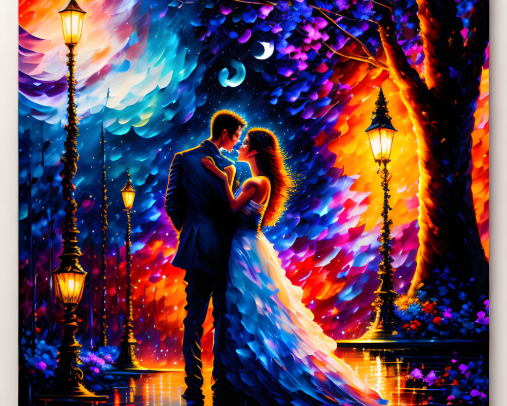 Colorful painting of couple embracing under crescent moon and stars reflected on glossy surface