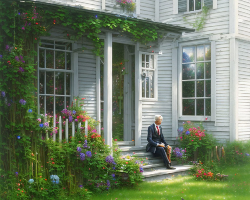 Elderly Man Sitting on Front Steps of White House with Greenery and Flowers