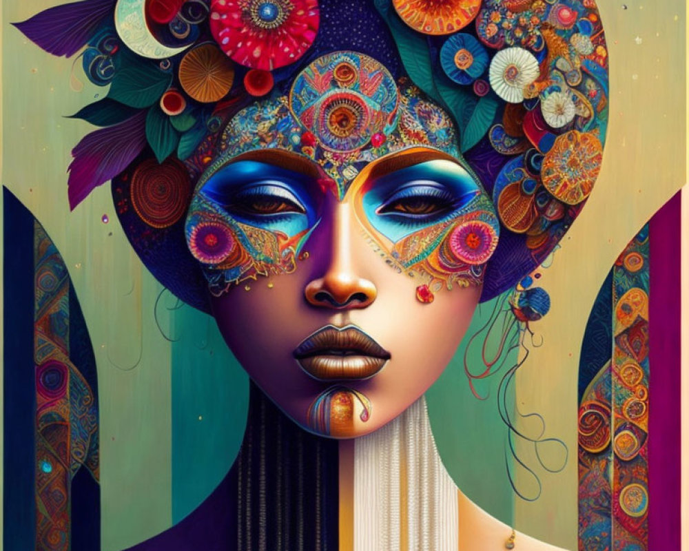 Colorful digital artwork of woman with ornate headdress and floral patterns