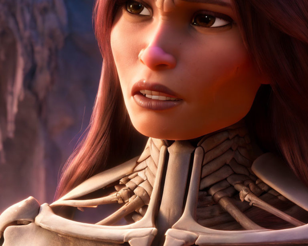 Detailed close-up of 3D animated female character in skeleton armor with glowing skin and red hair,