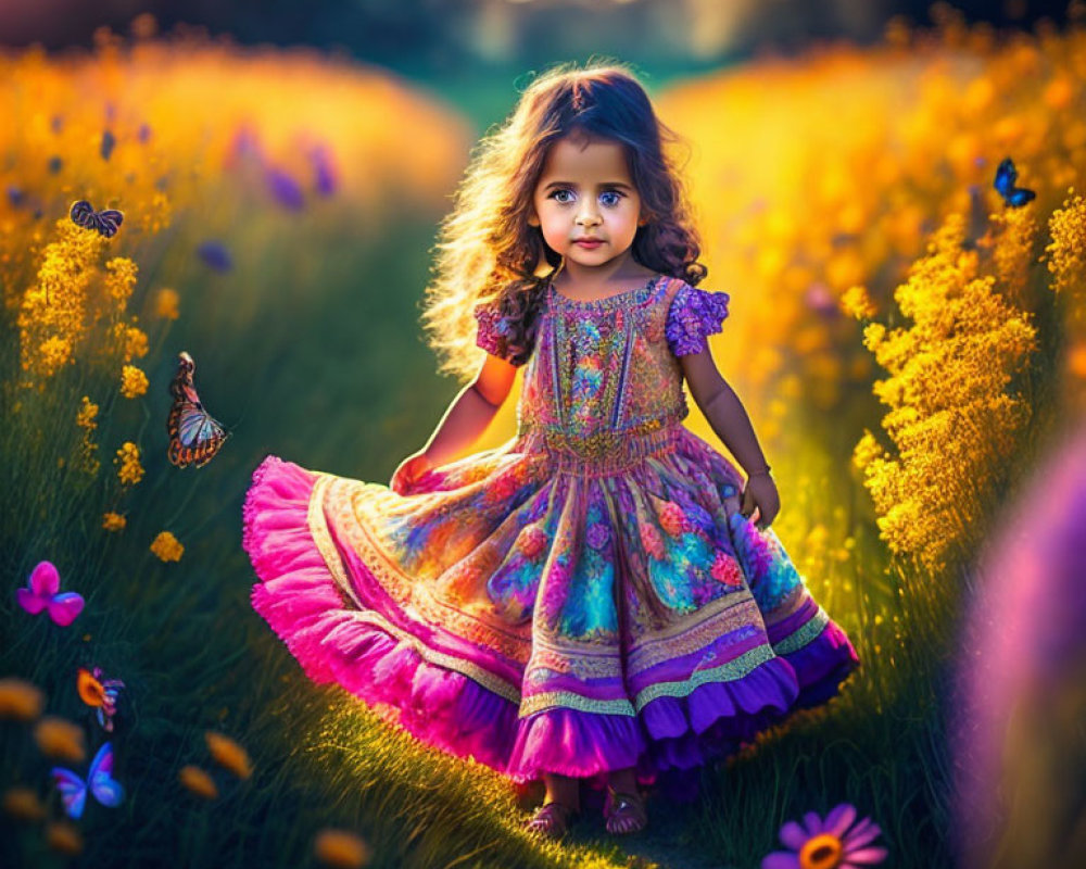 Young girl in colorful dress surrounded by flowers and butterflies in golden light