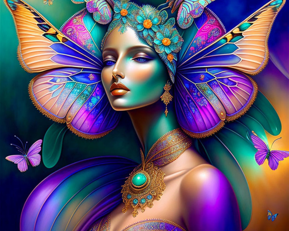 Colorful Artwork of Woman with Butterfly Wings and Floral Hair Adornments