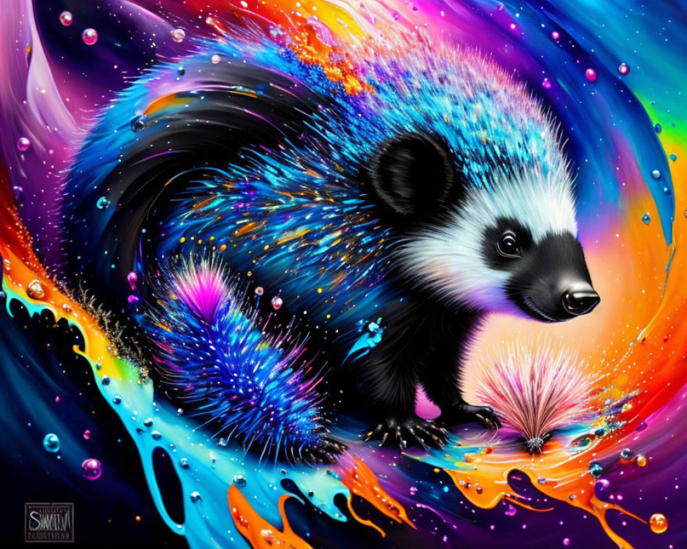 Colorful Stylized Skunk Artwork with Cosmic Pattern and Neon Hues