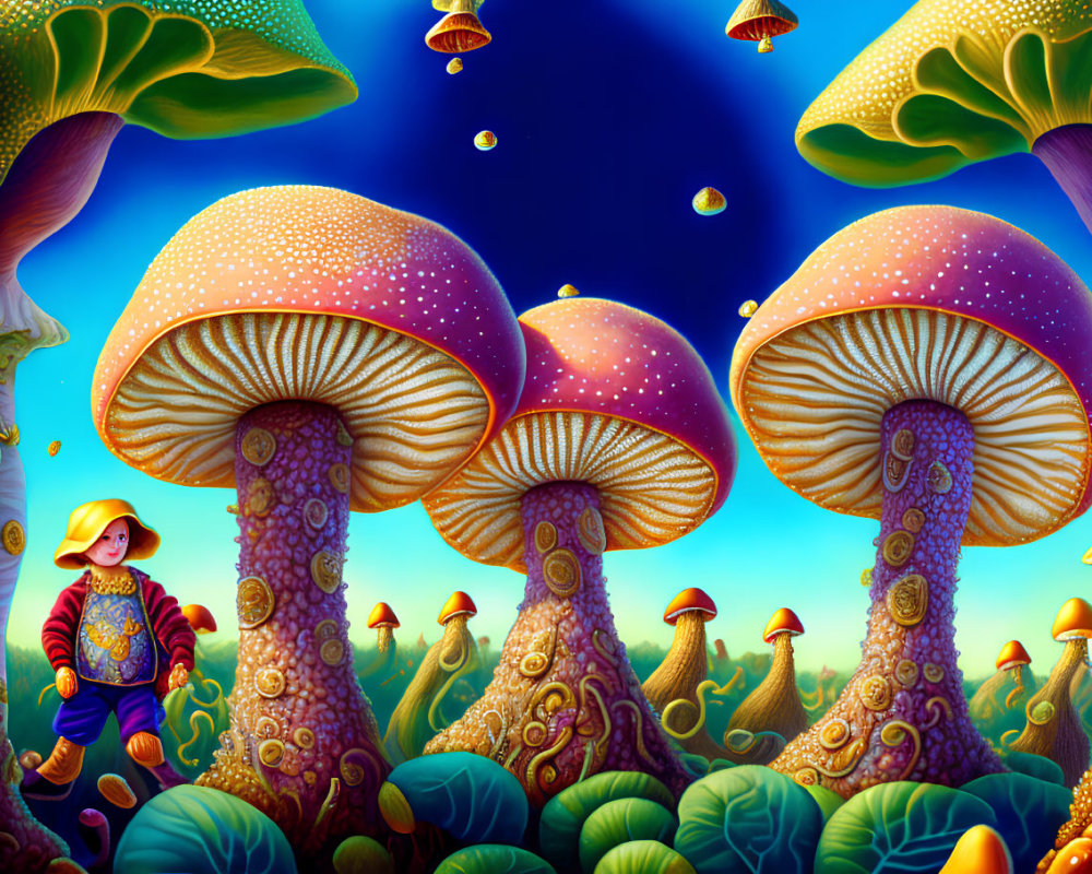 Colorful Mushroom Forest Illustration with Explorer Character and Oversized Fungi