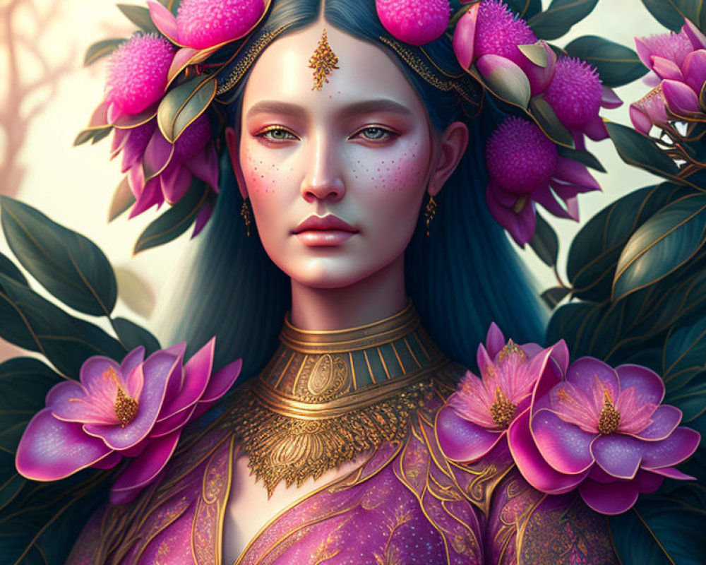 Digital Art Portrait of Woman with Pink Flowers and Golden Jewelry