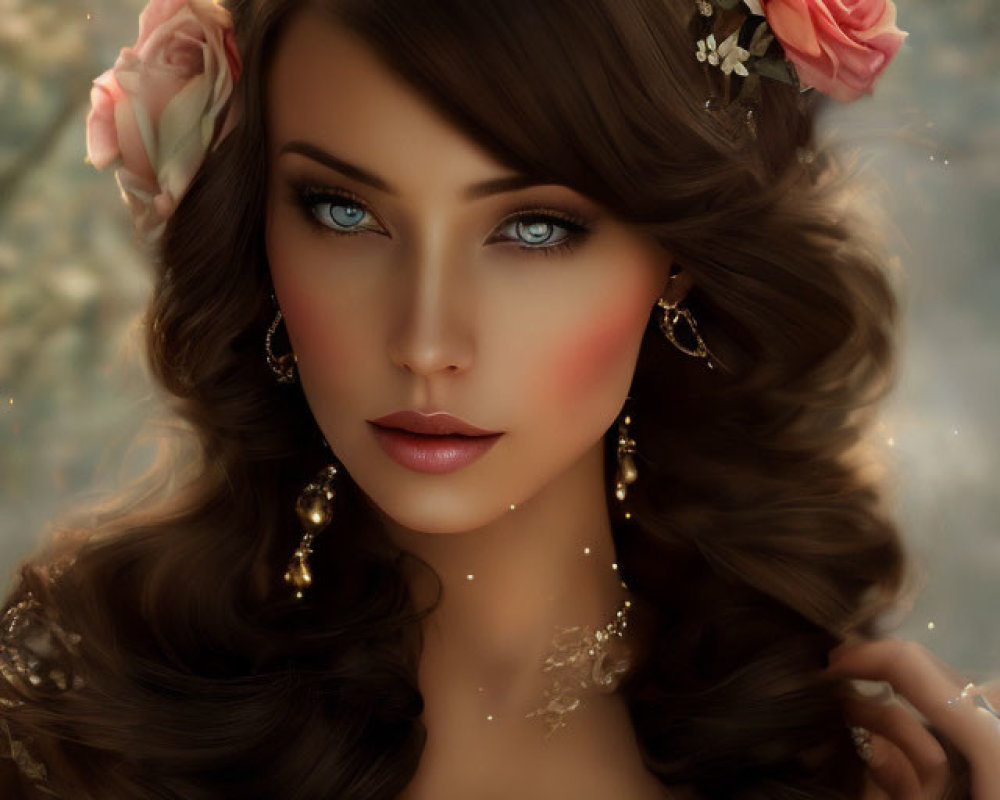 Digital portrait of a woman with brown hair, blue eyes, and floral accessories on soft background