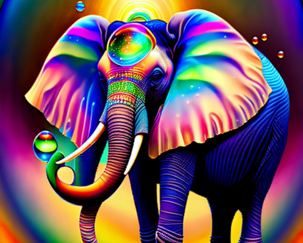 Colorful Psychedelic Elephant Illustration on Rainbow Background