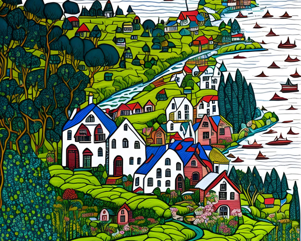 Vibrant village illustration with rolling hills, river, and sailboats