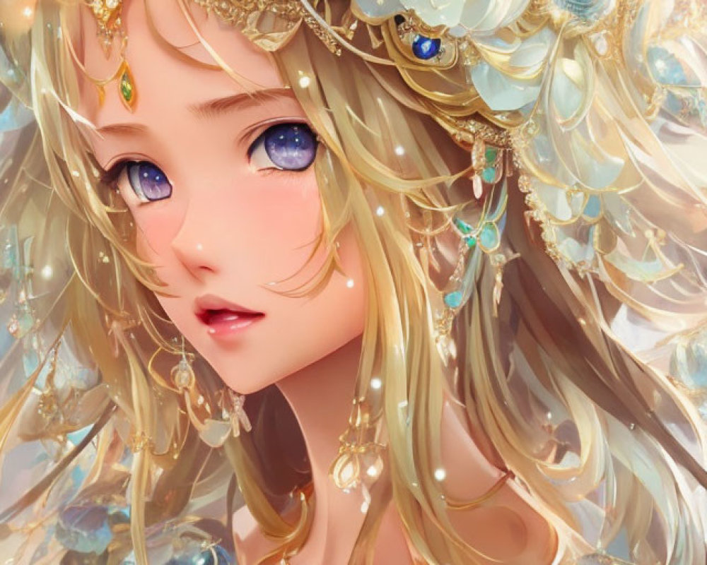 Illustrated portrait of young woman with blonde hair and gold-blue floral headpiece.