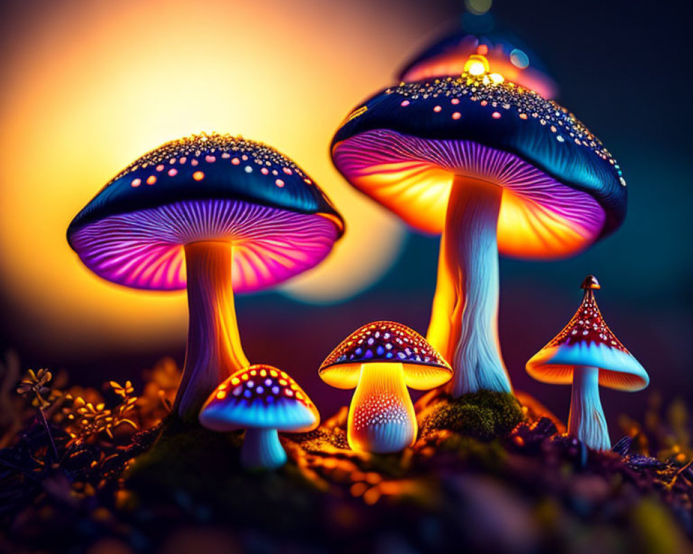 Colorful Neon Blue Glowing Mushrooms on Soft-focus Background