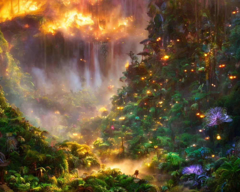 Lush jungle waterfall with magical glowing lights and fiery sparks