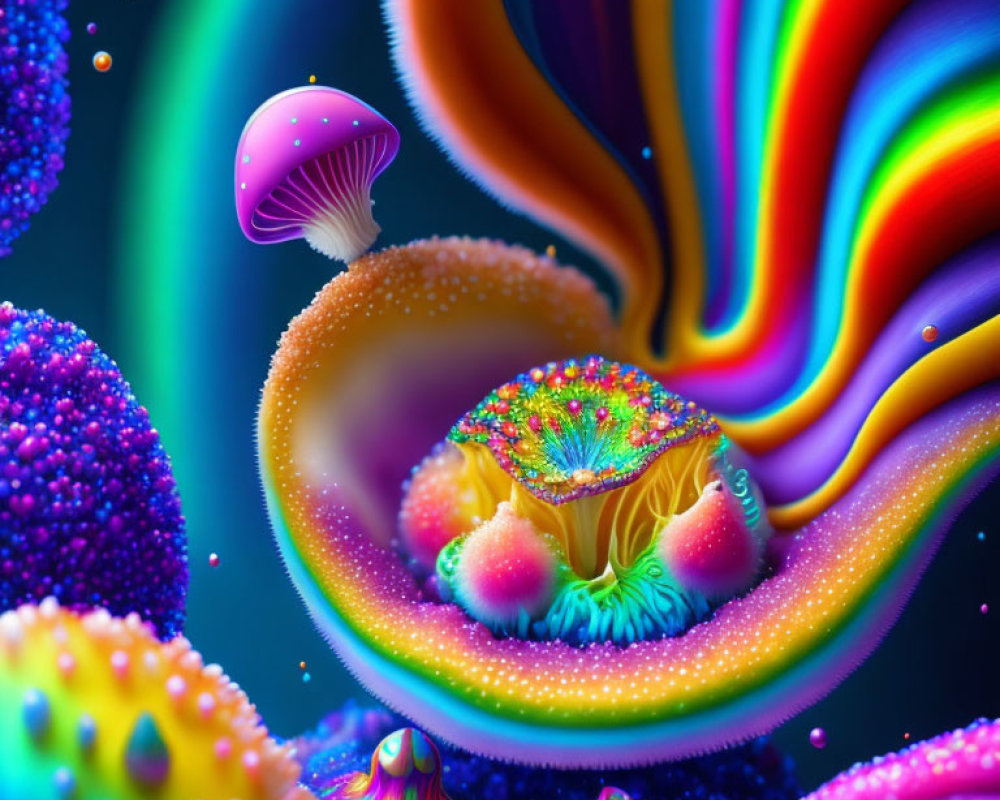 Colorful digital art: Psychedelic jellyfish, radiant patterns, neon spheres in underwater scene