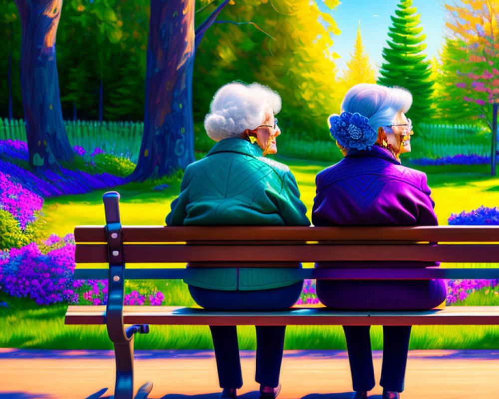 Elderly women on park bench surrounded by vibrant nature