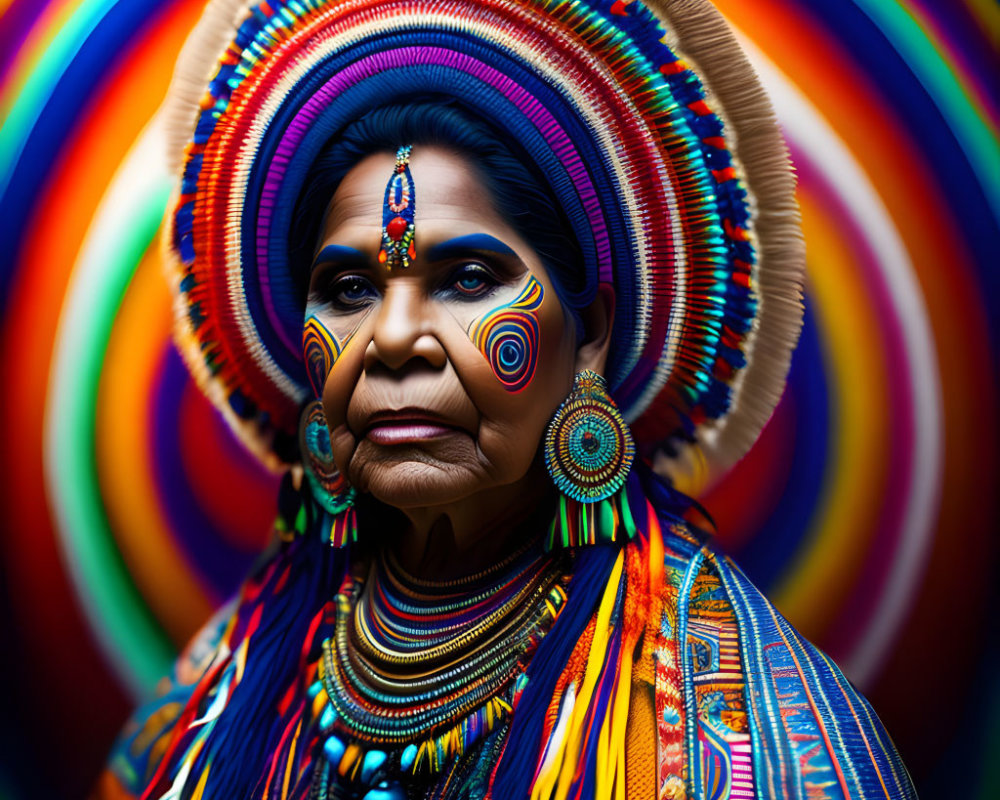 Colorfully dressed woman with painted face against swirling backdrop