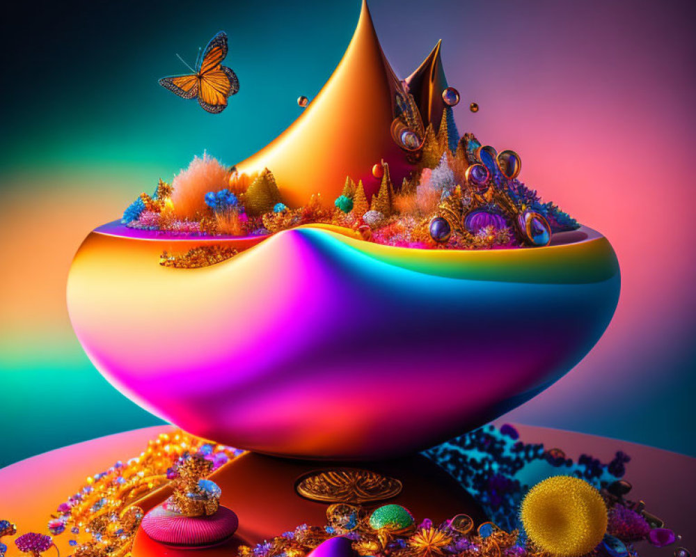 Colorful surreal landscape with floating island, crystals, butterfly, and treasures.