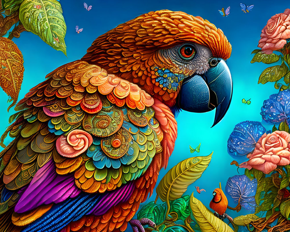 Colorful Parrot with Detailed Feathers in Vibrant Floral Scene