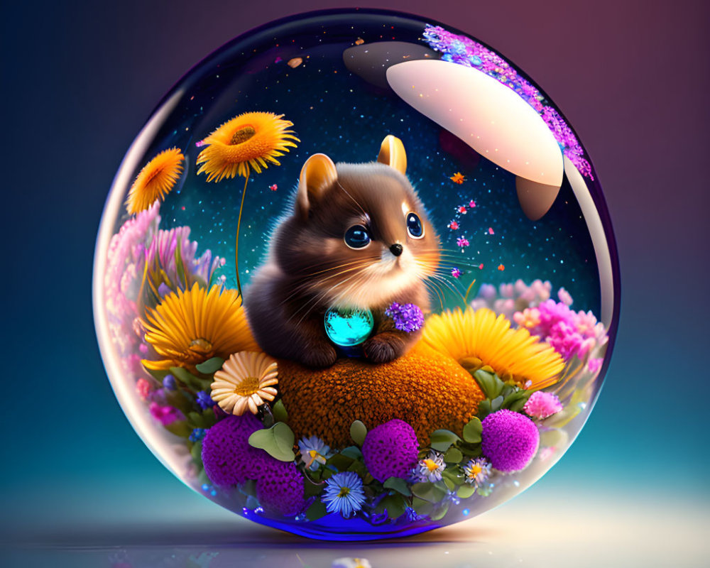 Fluffy brown and black hamster on orange mushroom in colorful glass sphere