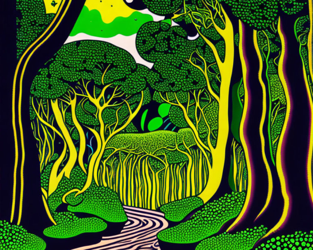 Psychedelic forest illustration with twisted trees and starry sky