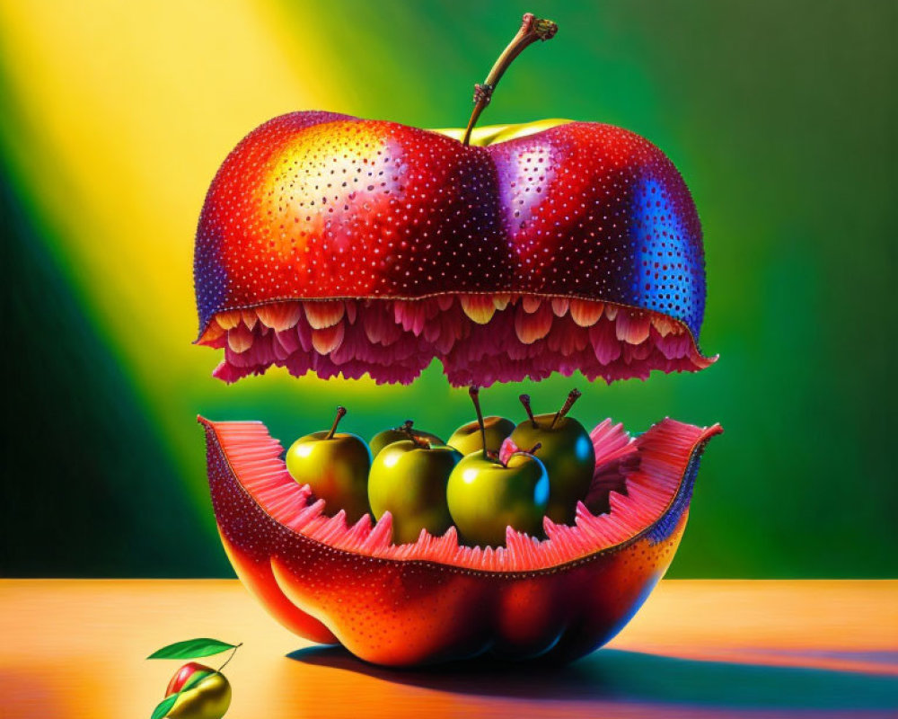 Colorful Surreal Painting of Large Apple Sliced Open with Smaller Apples