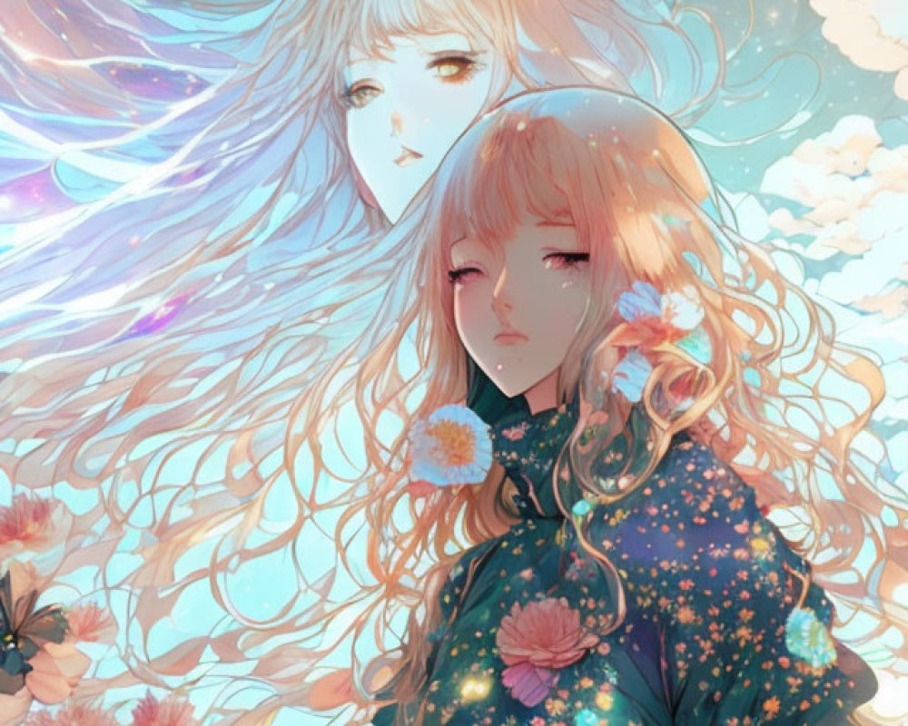 Anime-style characters with flowing hair in blossoms under a starry sky