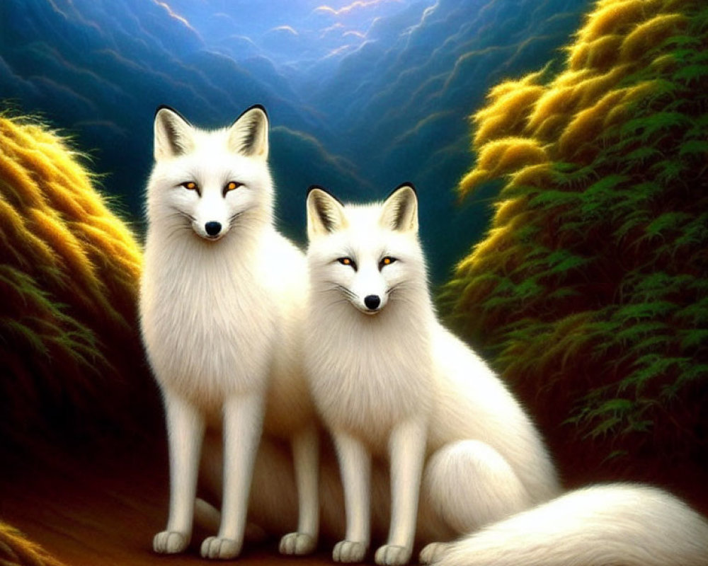 White foxes in serene natural setting at sunset