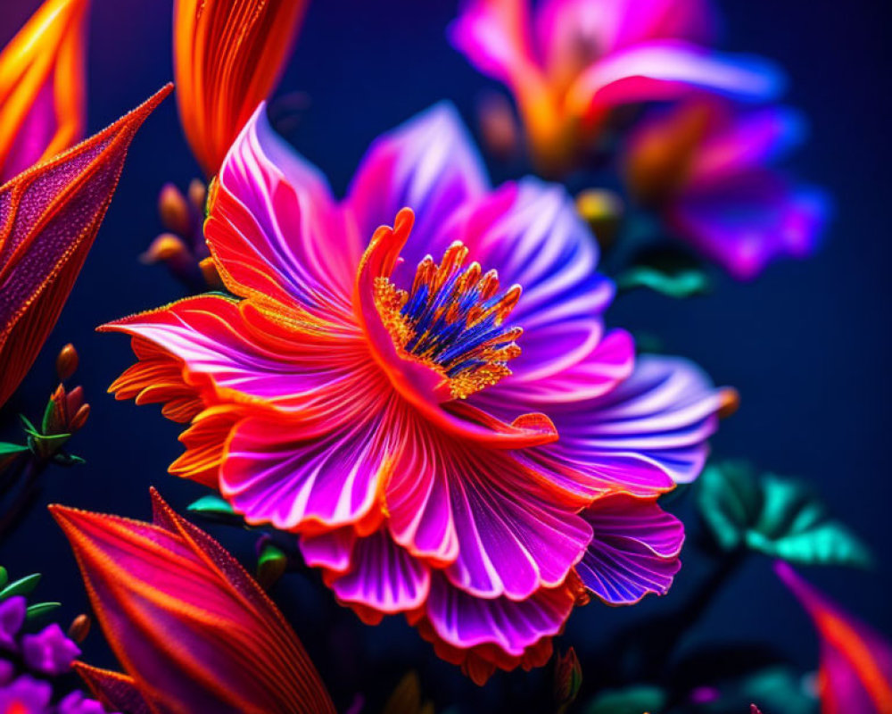 Colorful Pink and Orange Flowers on Dark Blue Background