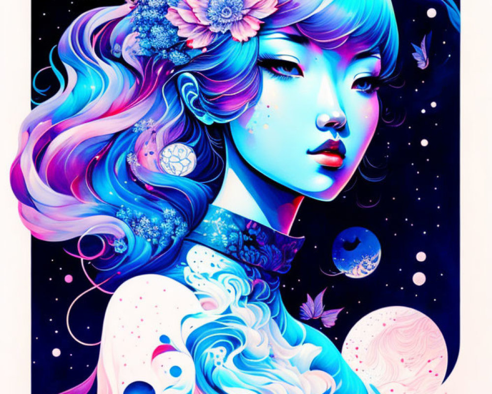 Colorful illustration: Woman with flowing hair in blue and pink, adorned with flowers, set against cosmic