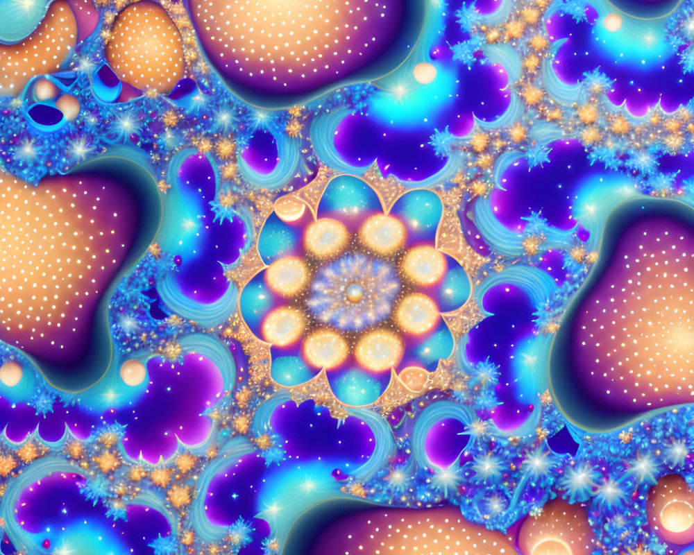 Intricate Blue and Purple Fractal Art with Golden Accents