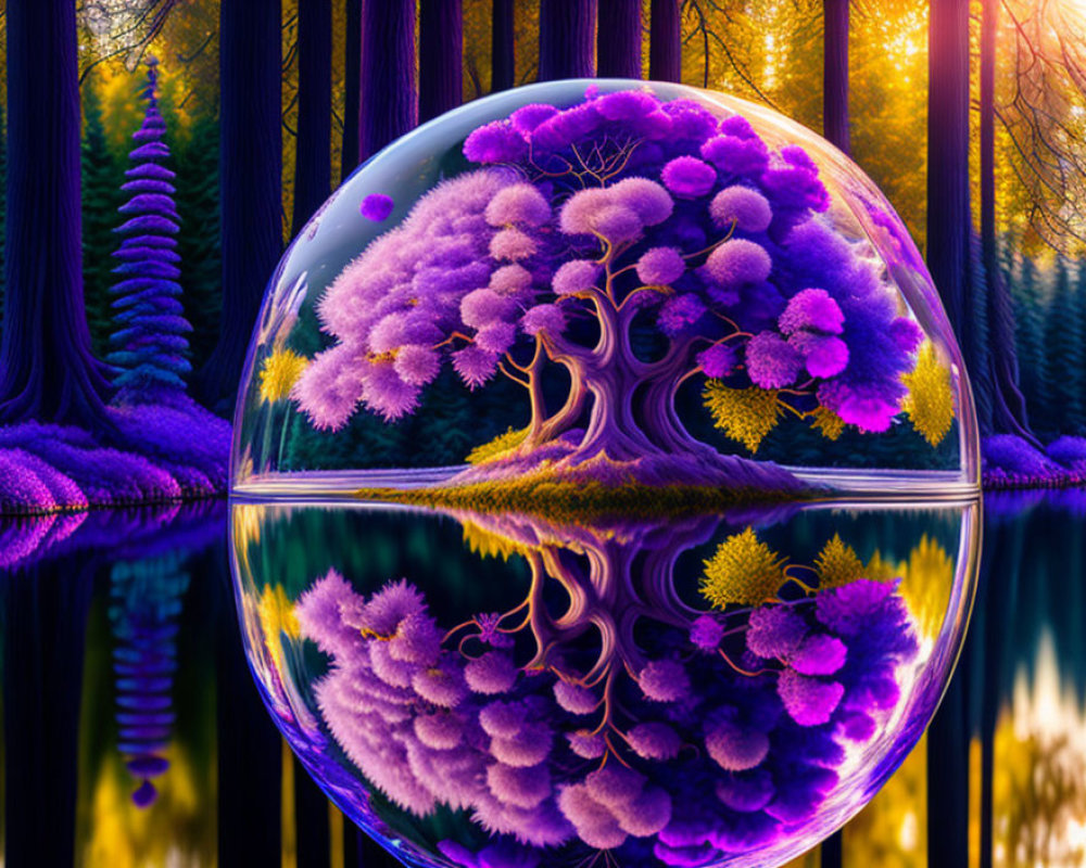 Purple tree in transparent sphere reflecting on water with surreal forest background