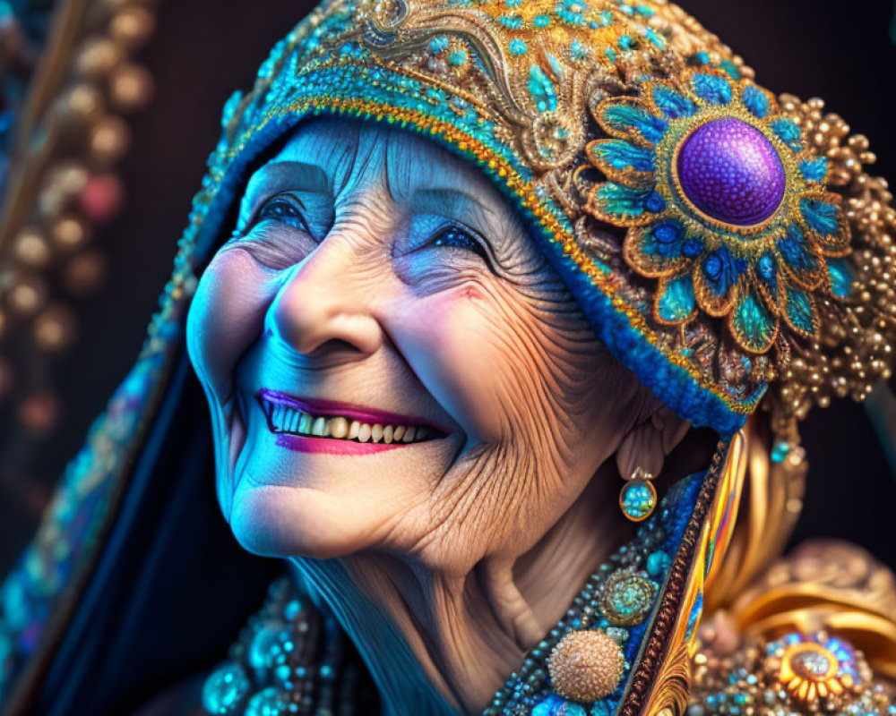 Elderly woman in ornate blue headdress with beads and gems