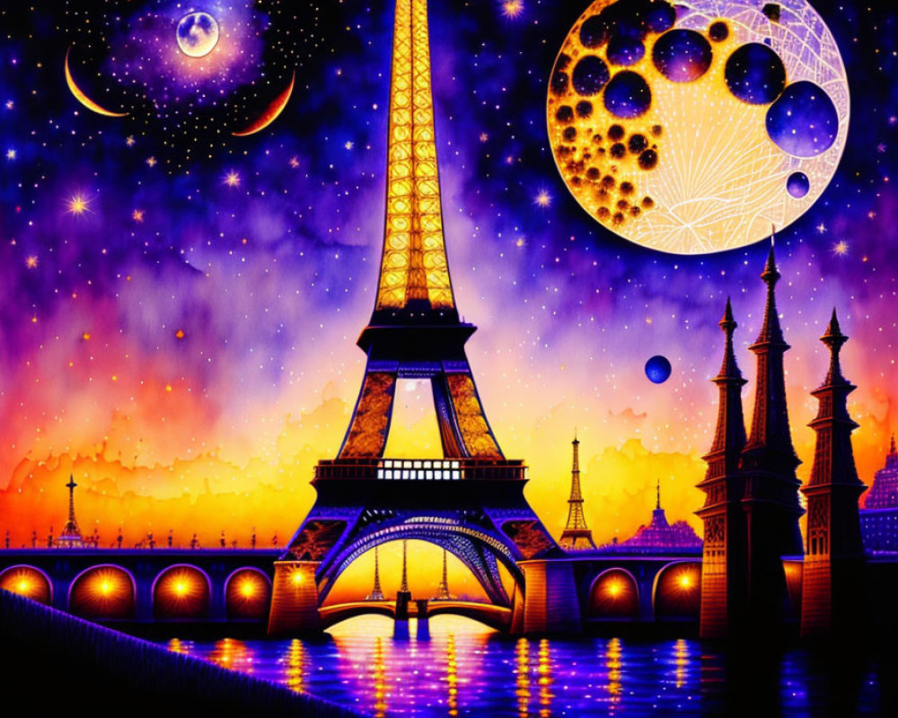 Colorful Eiffel Tower Artwork with Night Sky and City Silhouette