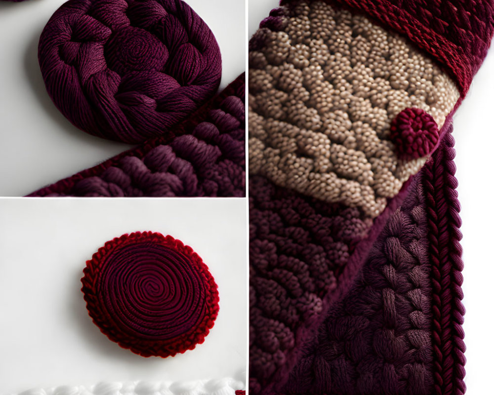 Textured Knitting Samples: Deep Purple & Cream Colors