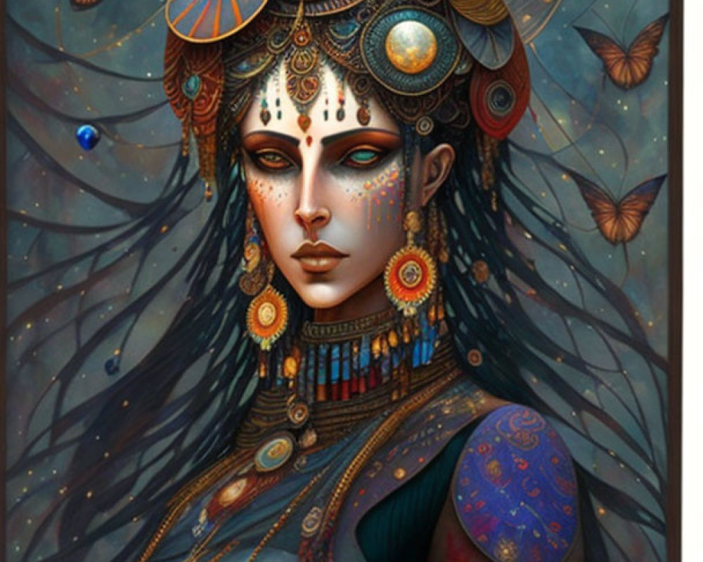 Mystical woman with jewelry and butterflies in night sky