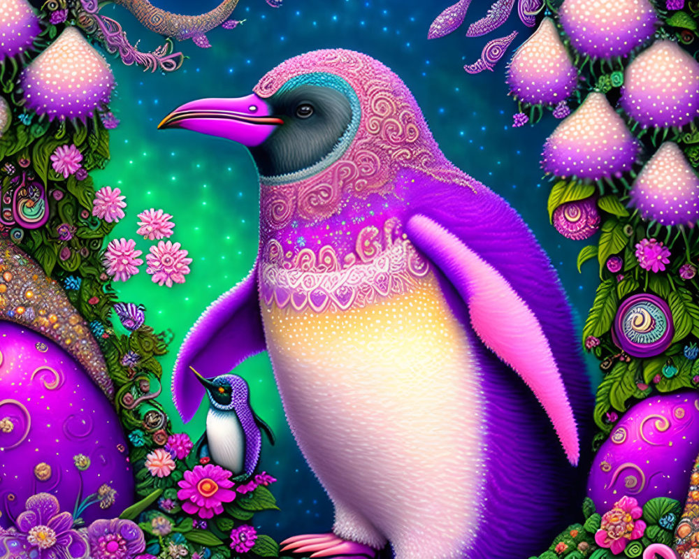 Colorful Illustration of Pink and Purple Penguins in Fantasy Setting