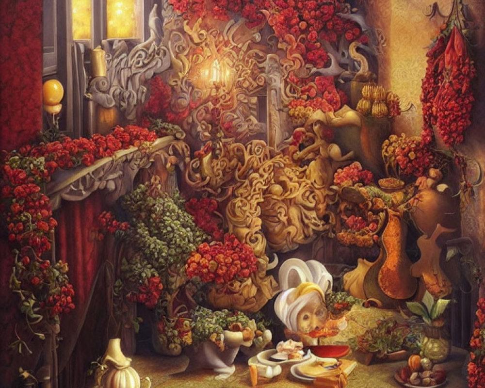 Cozy corner with red berries, golden designs, warm light, and a napping cat.