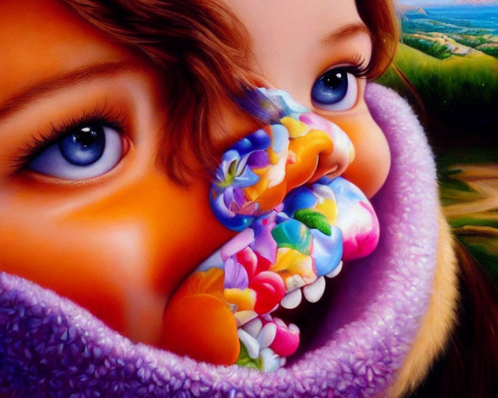 Surreal image of girl with vibrant blue eyes and candy nose