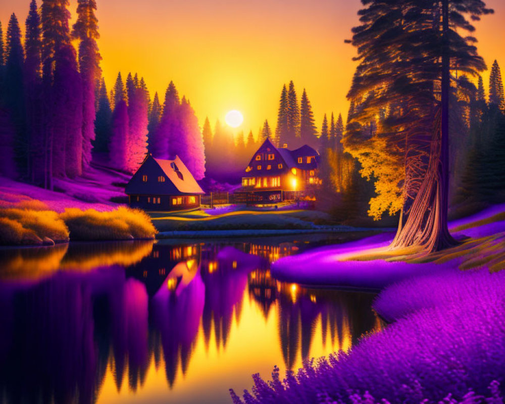 Vibrant purple and orange twilight scene by calm lake with cozy lit-up houses.