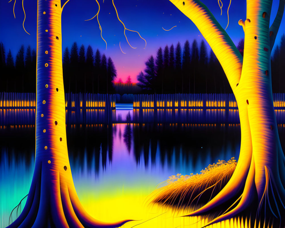 Luminescent trees by reflective lake under twilight sky