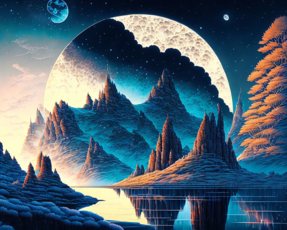 Surreal landscape with towering mountains, massive moon, orange foliage, serene water, and starry