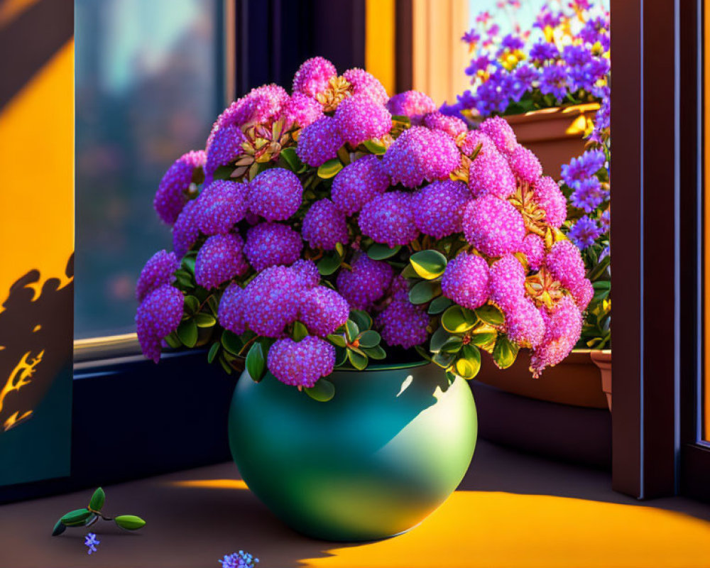 Pink Flower Bouquet in Green Vase on Sunny Windowsill