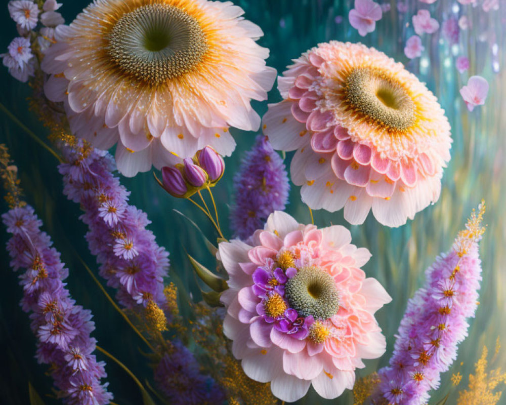 Detailed digital artwork: Ethereal flowers underwater with intricate petals, bubbles, soft lighting