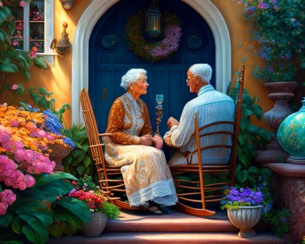 Elderly couple conversing on porch with vibrant flowers and blue door