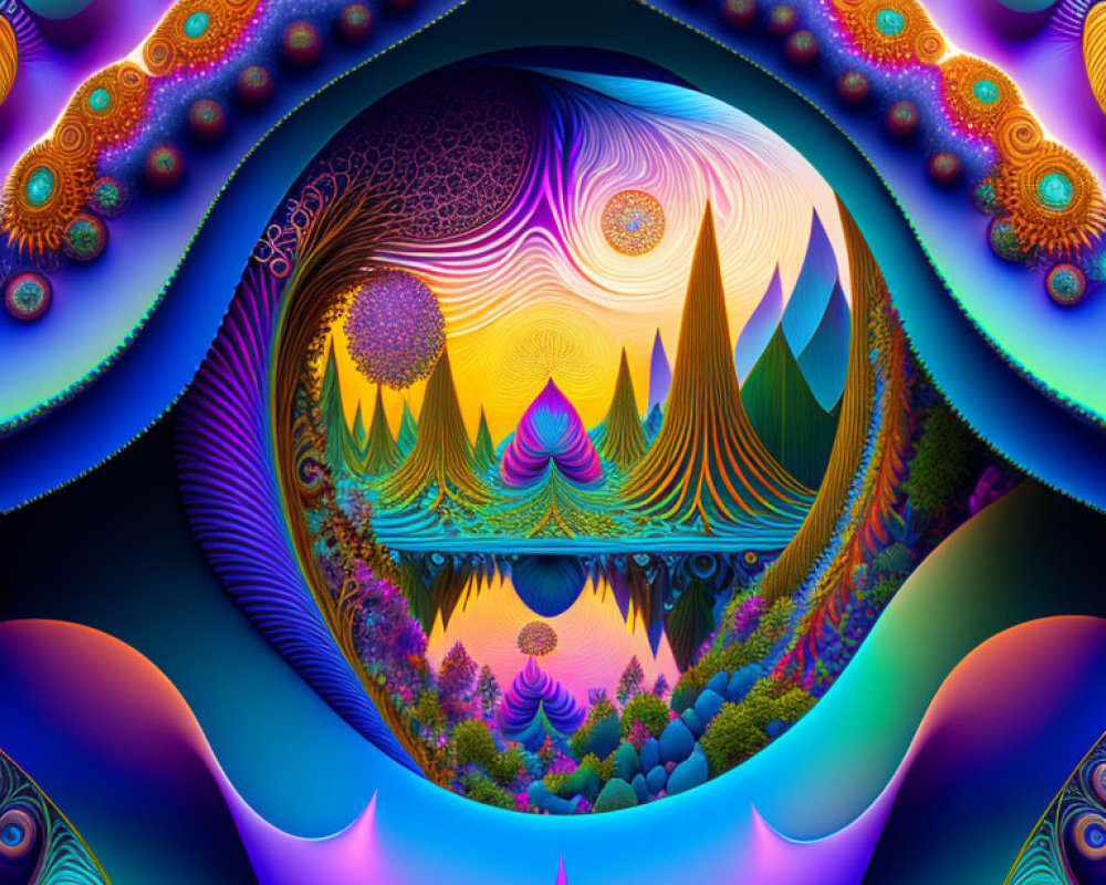 Colorful Psychedelic Digital Artwork with Swirling Patterns and Cosmic Landscape