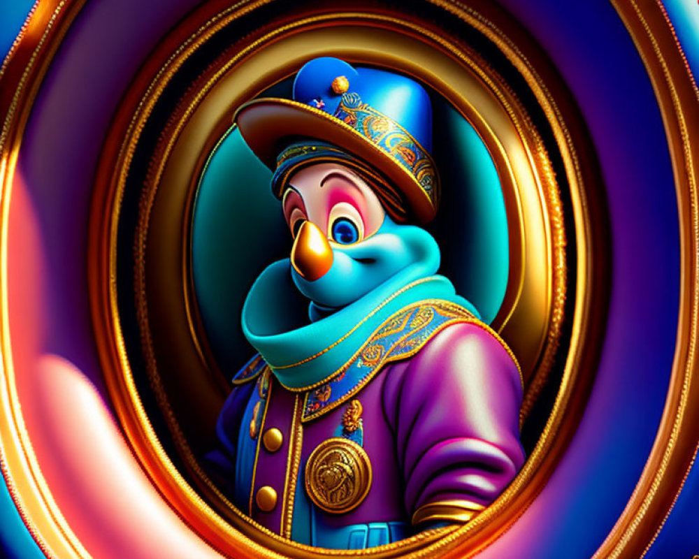 Colorful Toy Soldier Character Illustration in Blue Hat and Scarf within Circular Frame