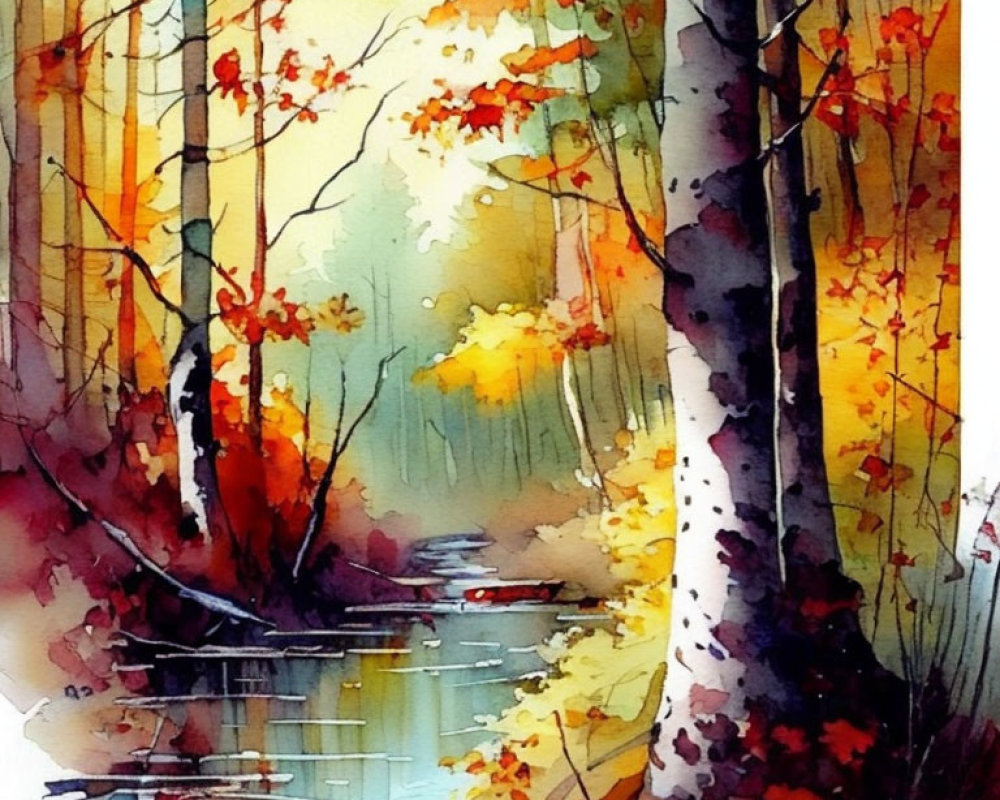 Colorful Watercolor Painting: Autumn Forest Stream & Light Effects