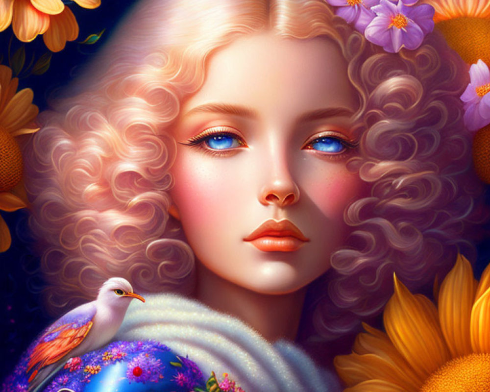 Illustrated portrait of figure with curly blonde hair, blue eyes, flowers, and bird