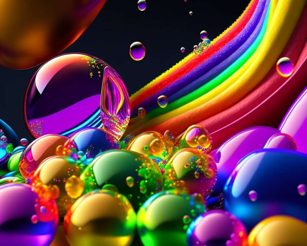 Colorful Bubble Artwork with Rainbow on Dark Background