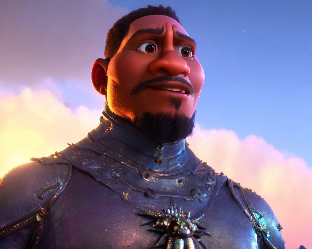 Bearded animated character in armor gazes at sunset sky