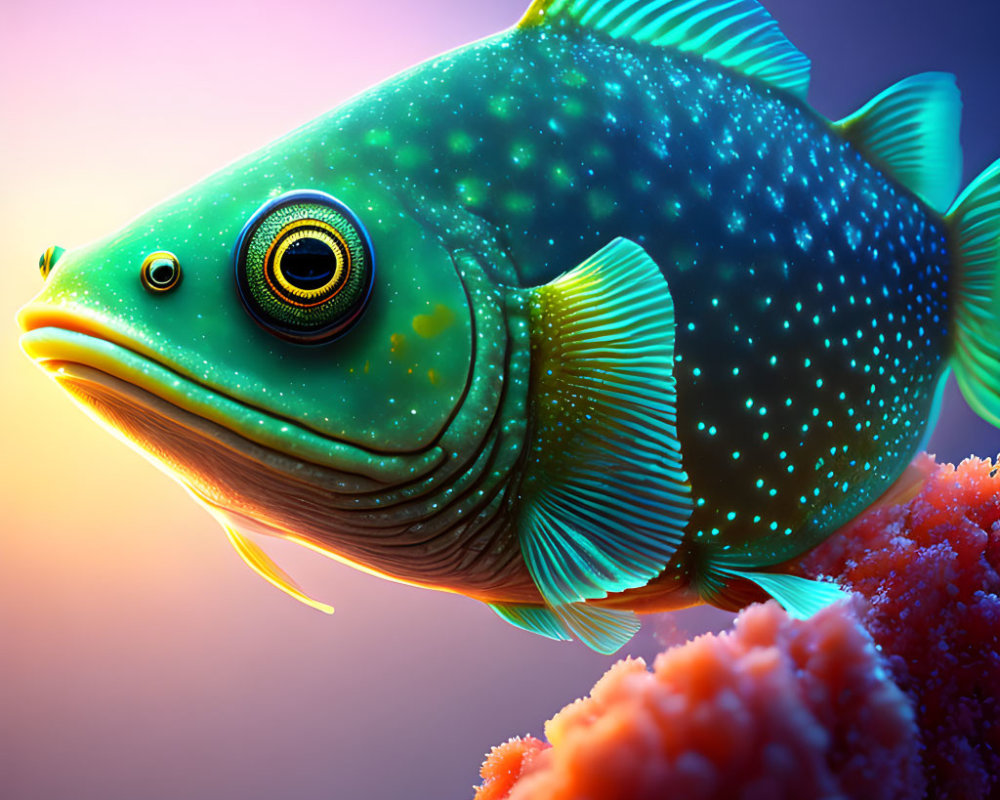 Detailed digital illustration of vibrant green fish with yellow spots and intricate fin patterns against colorful background